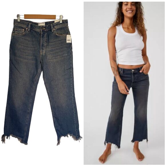 New Free People Jeans Womens 27 Blue Denim Maggie Mid Rise Straight We The Free - Picture 2 of 16